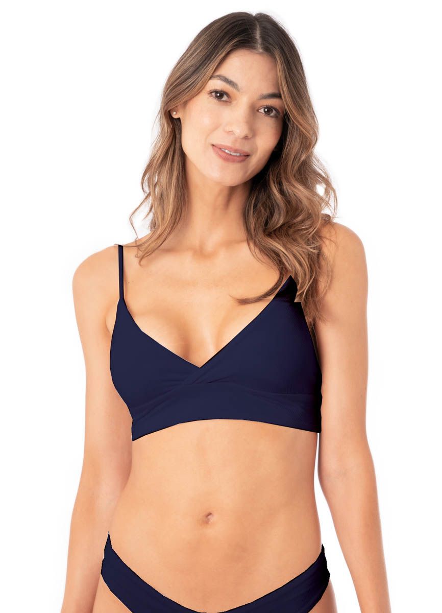 Blue Deep Criss Cross Triangle Long Line Bikini Top - MAAJI